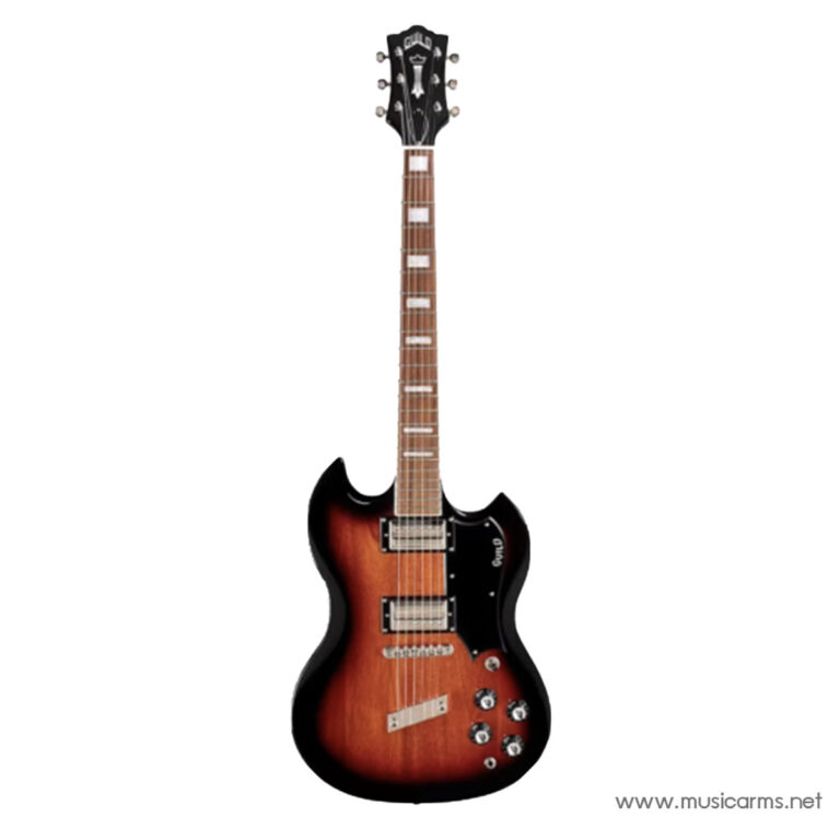 Guild electric guitar in a sunburst finish with twin humbucker pickups and a black pickguard, shown from the front. ขายราคาพิเศษ