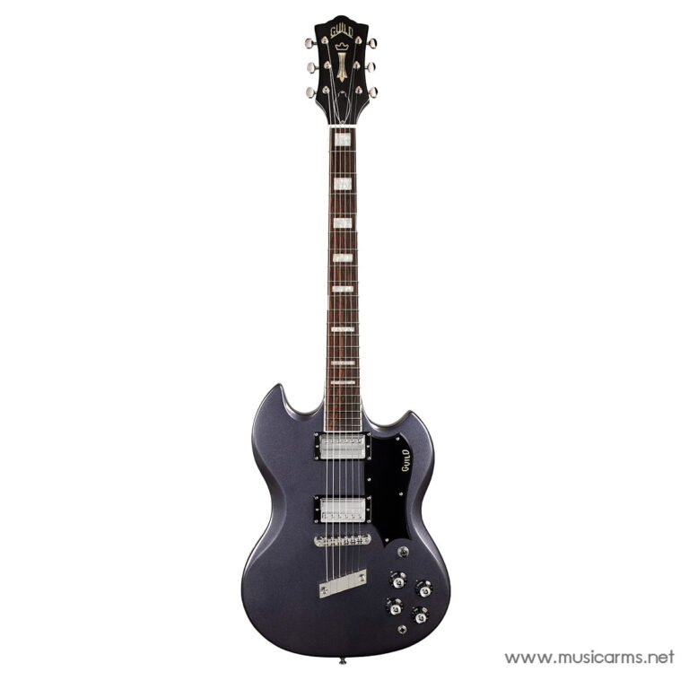 Guild electric guitar with a metallic gray double-cutaway body, two humbucker pickups, black pickguard, and chrome hardware. ขายราคาพิเศษ