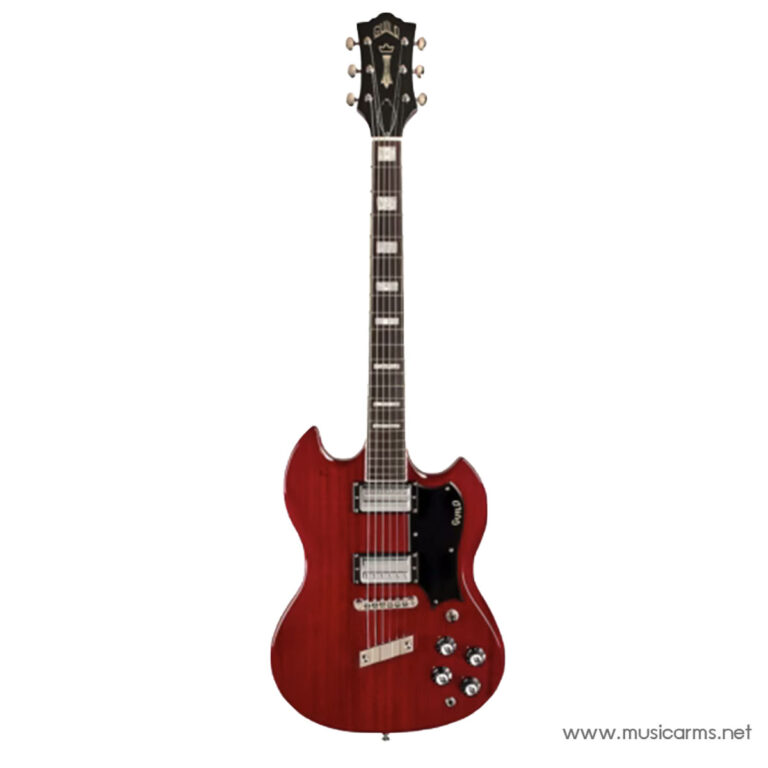 Red SG-style electric guitar with a glossy finish, white pickups, and a black pickguard ขายราคาพิเศษ