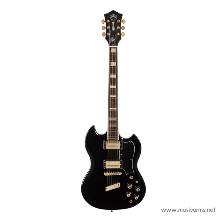 Black Guild electric guitar with gold hardware and a glossy finish, full-body shot. ขายราคาพิเศษ