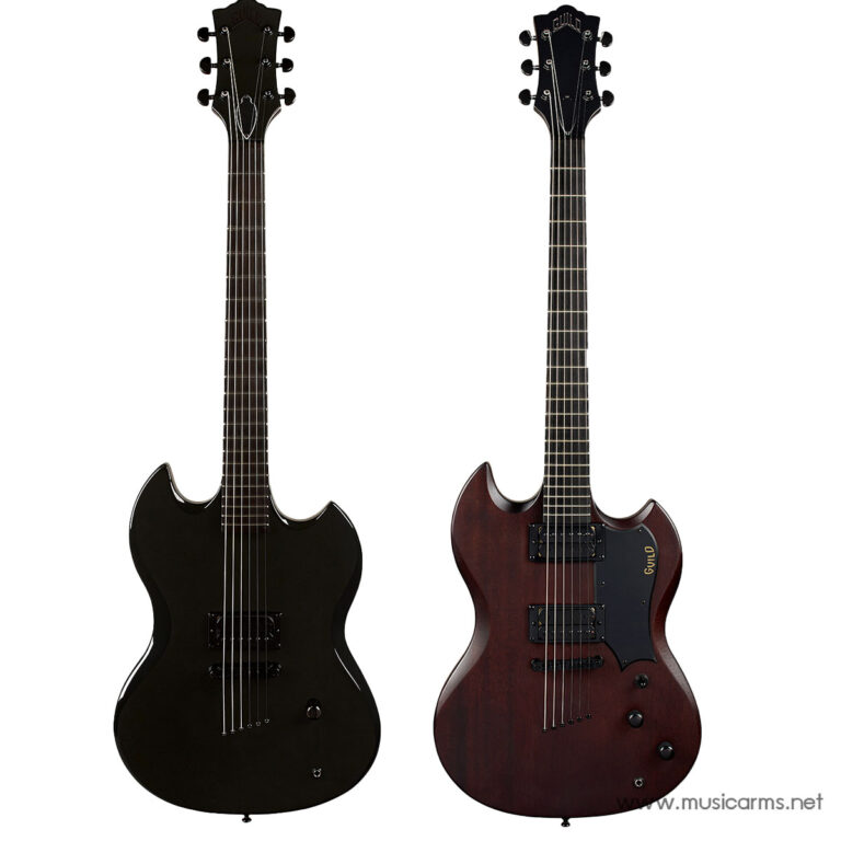 Two electric guitars side by side: a black solid-body model on the left and a dark red/burgundy model on the right, both with double-cutaway shapes and headstocks showing tuning pegs. ขายราคาพิเศษ