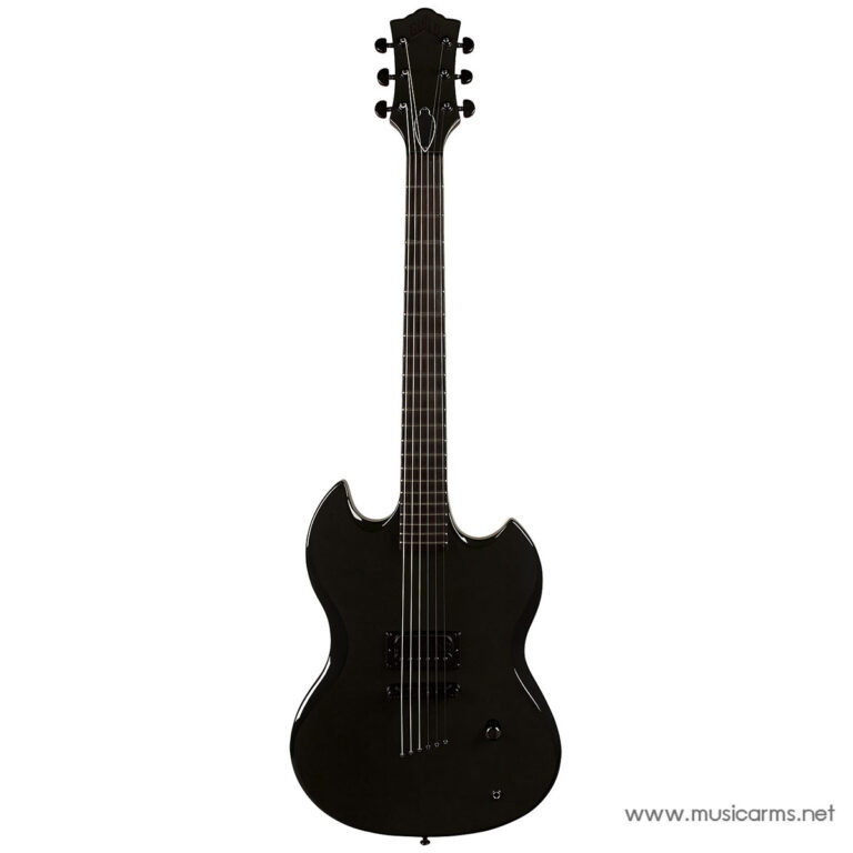 Black solid-body electric guitar with double cutaways, six strings, and chrome hardware. ขายราคาพิเศษ