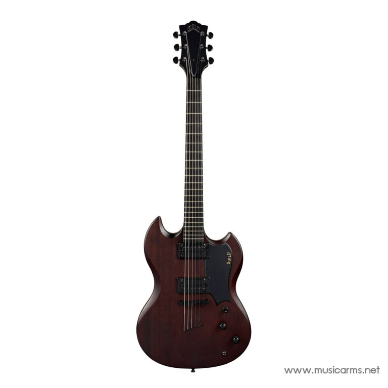 Electric guitar with a deep red/cherry finish, double-cutaway body, two humbucker pickups, and a black pickguard. Guild logo on the headstock. ขายราคาพิเศษ