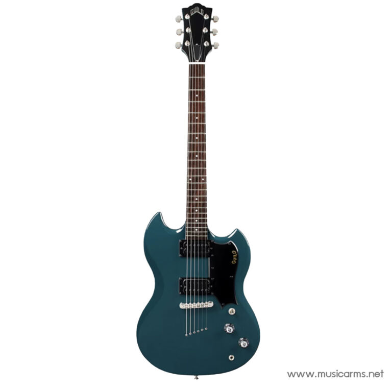 Teal Guild electric guitar with a double-cutaway body, two humbucker pickups, and a black pickguard on a white background. ขายราคาพิเศษ