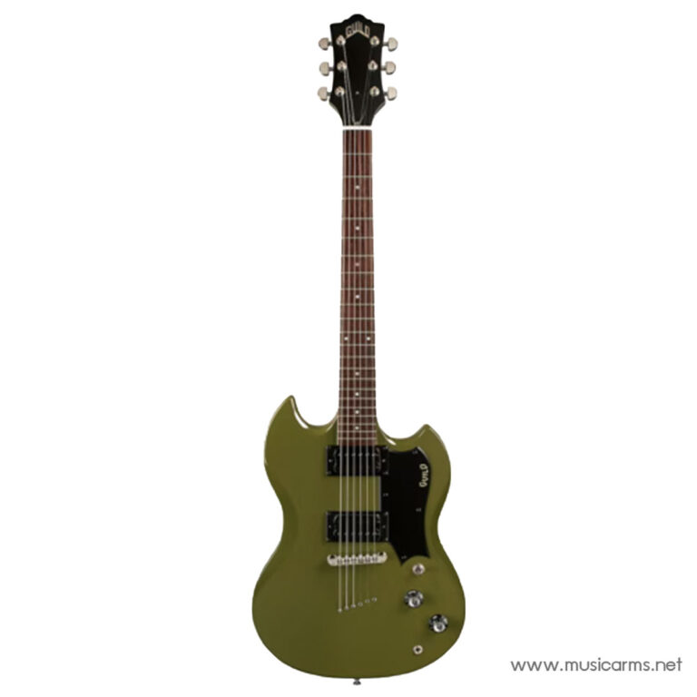 Olive-green electric guitar with a double-cutaway body, brown maple neck, two humbucker pickups, and a black pickguard. ขายราคาพิเศษ