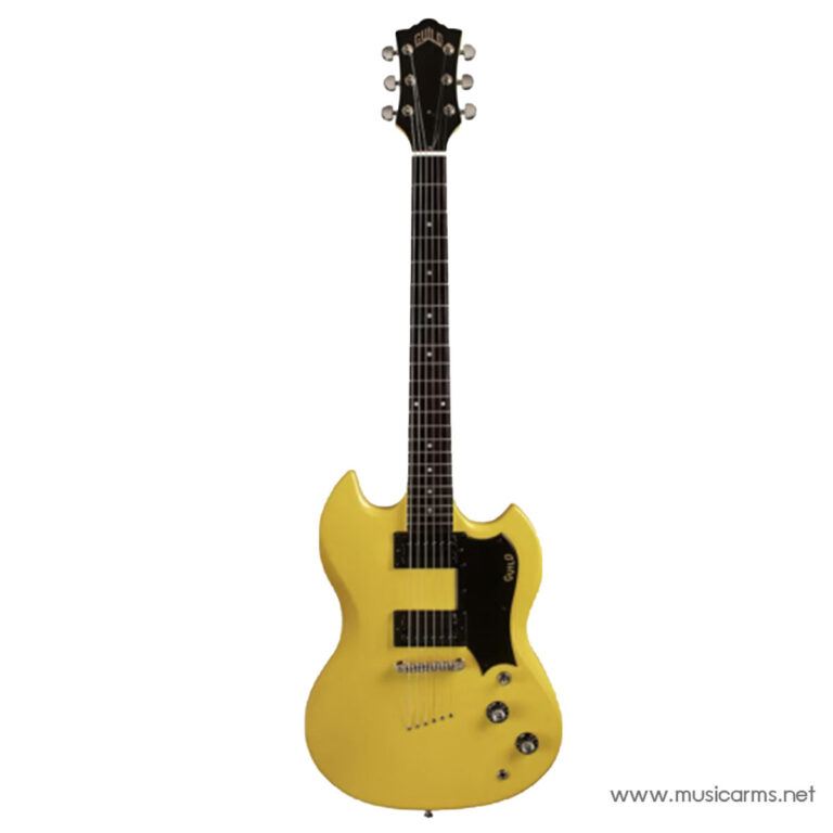 Yellow solid-body electric guitar with black pickguard and two pickups, shown in full view from headstock to body. ขายราคาพิเศษ