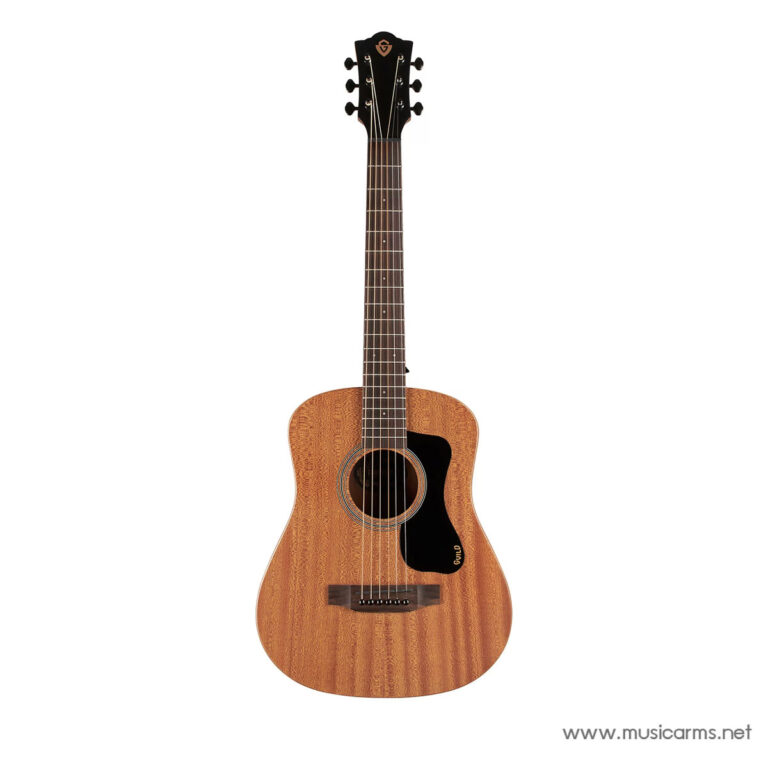 Full-length view of a natural wood acoustic guitar with six strings, black pickguard, and simple oval bridge ขายราคาพิเศษ
