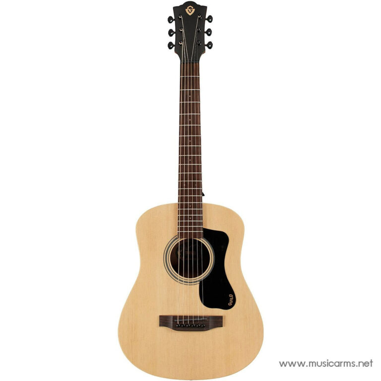 Full-length view of a natural-finish acoustic guitar with a black pickguard and six steel strings against a white background, headstock bearing a Guild-style logo ขายราคาพิเศษ