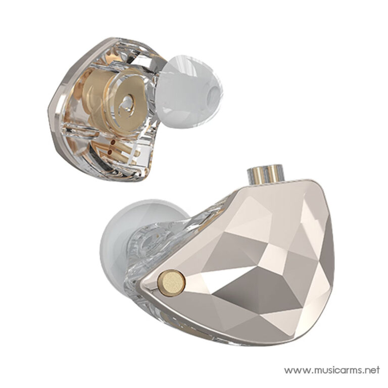 Gemstone-shaped wireless earbud with a faceted champagne-colored exterior and clear inner components. ขายราคาพิเศษ