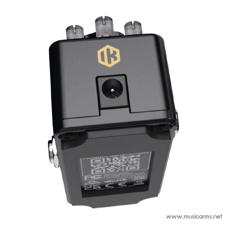Black compact wireless guitar transmitter with three metal control knobs on top and a bottom panel featuring a QR code label and a gold hexagon logo. ขายราคาพิเศษ