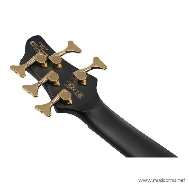 Close-up of a black guitar headstock with six gold tuning pegs on a white background. ขายราคาพิเศษ
