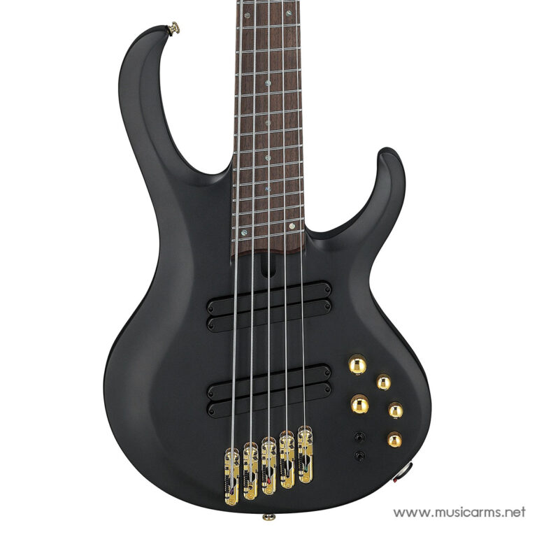 Black five-string bass guitar with a matte finish, maple/rosewood neck, dual pickups, and gold hardware; body features multiple control knobs. ขายราคาพิเศษ