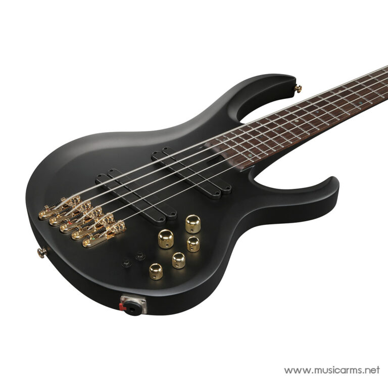 Black five-string bass guitar with gold hardware, dual pickups, and multiple control knobs on a white background by MusicArms (product shot). ขายราคาพิเศษ