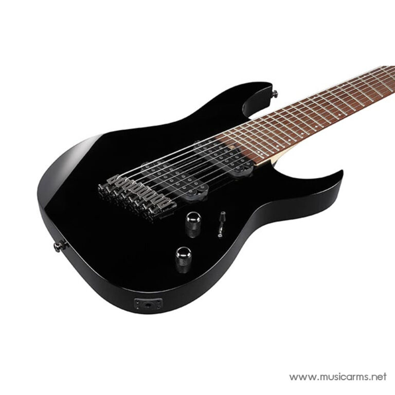 Black glossy electric guitar with a tremolo bridge, double-cutaway body, and two humbucker pickups on a white background. ขายราคาพิเศษ