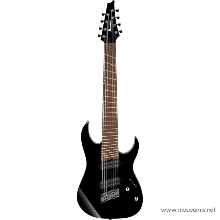 Black solid-body electric guitar with a brown fretboard and two humbucker pickups on a white background (Ibanez headstock) ขายราคาพิเศษ