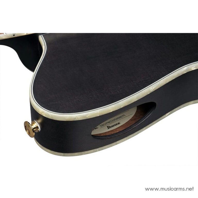 Close-up of a black acoustic guitar body with cream binding and a sound hole showing an Ibanez label to the side of the hole. ขายราคาพิเศษ
