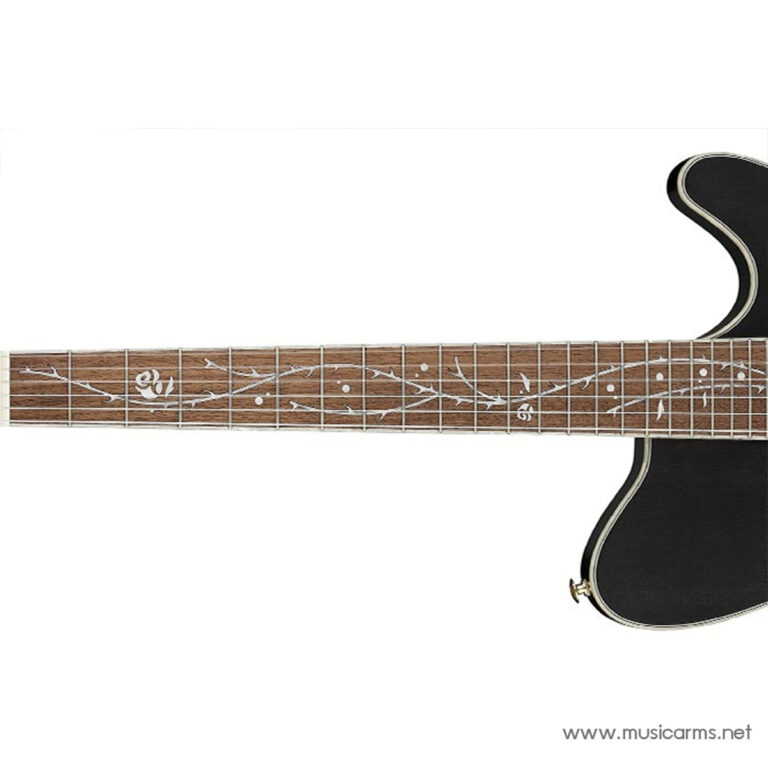 Electric guitar neck and body in black, with decorative white vine inlays along a brown fretboard. ขายราคาพิเศษ