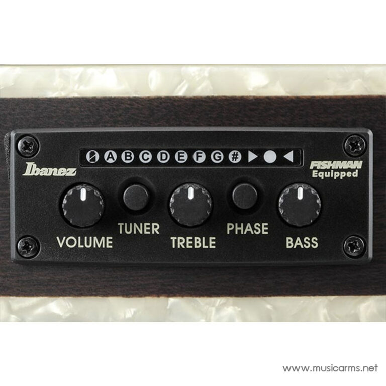 Close-up of a guitar preamp panel labeled Ibanez Fishman Equiped with knobs for Volume, Tuner, Treble, Phase, and Bass on a dark wood body. ขายราคาพิเศษ