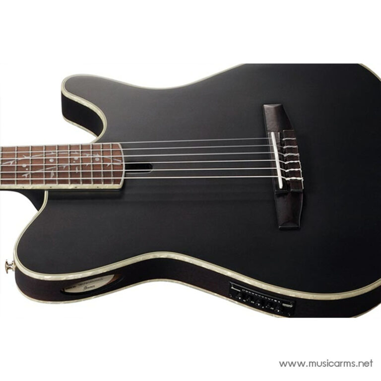 Black acoustic guitar close-up showing body, strings, and bridge with fretboard edge visible. ขายราคาพิเศษ