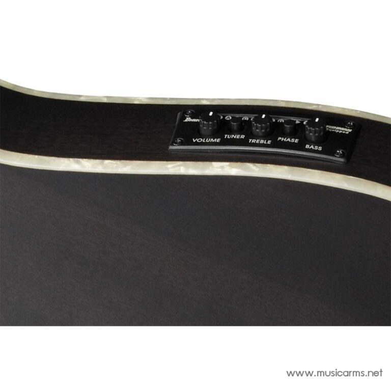 Close-up of a guitar body with a built-in control panel showing Volume, Tuner, Treble, Phase, and Bass knobs ขายราคาพิเศษ