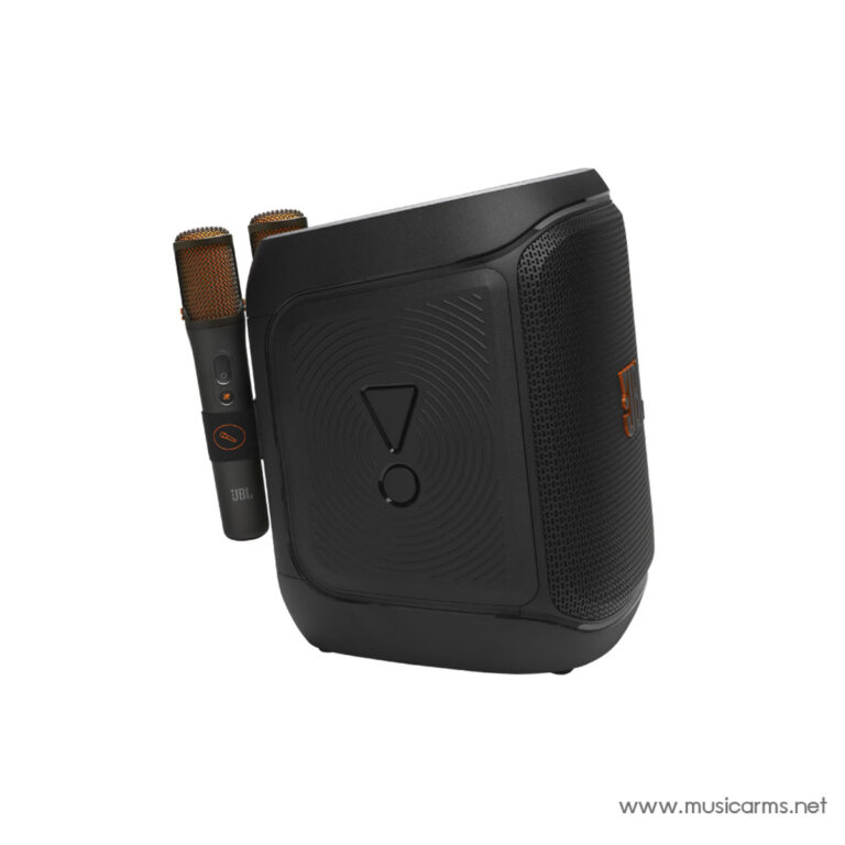 Black portable karaoke speaker with two wireless handheld microphones attached, orange mesh and accents, angled for display. ขายราคาพิเศษ