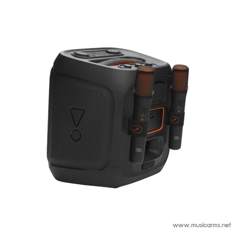 Black JBL portable speaker with two wireless handheld microphones mounted on its sides for a compact PA setup in orange accents. ขายราคาพิเศษ