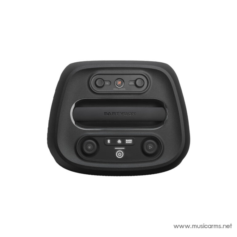Top-down view of a black PartyBox portable speaker, showing the control panel with volume knobs, Bluetooth/Bass Boost area, play button, and a recessed handle in the center. ขายราคาพิเศษ