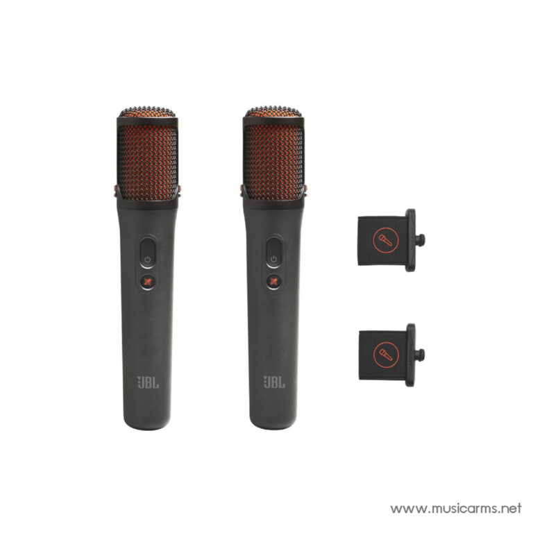 Pair of JBL wireless microphones with red mesh heads, black bodies, and two mic clips add-ons on the right. ขายราคาพิเศษ