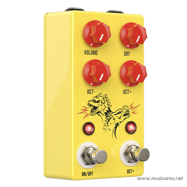 Yellow guitar effects pedal with six red knobs labeled Volume, Dry, Oct- and Oct+; two footswitches at bottom and dragon graphic in center. ขายราคาพิเศษ