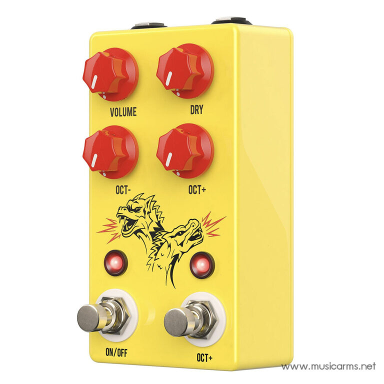 Yellow guitar effect pedal with four red knobs (Volume, Dry, Oct- and Oct+) and two footswitches; dragon graphic on the face (informational product image). ขายราคาพิเศษ