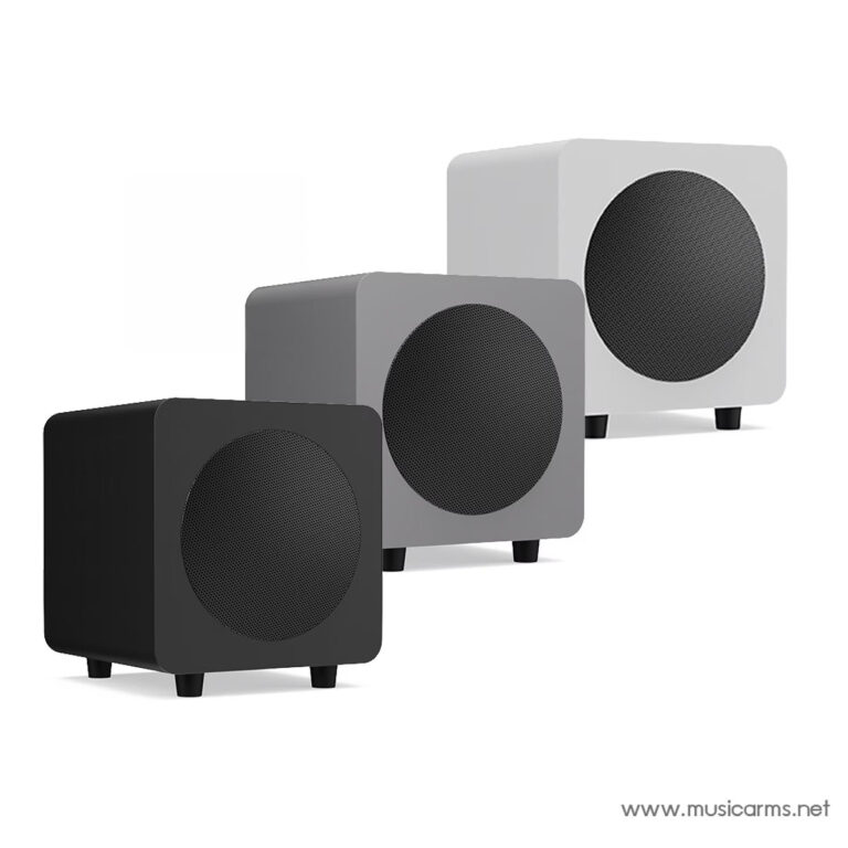 Three square compact speakers in black, gray, and white lined up diagonally, each with a circular grille and short feet. ขายราคาพิเศษ