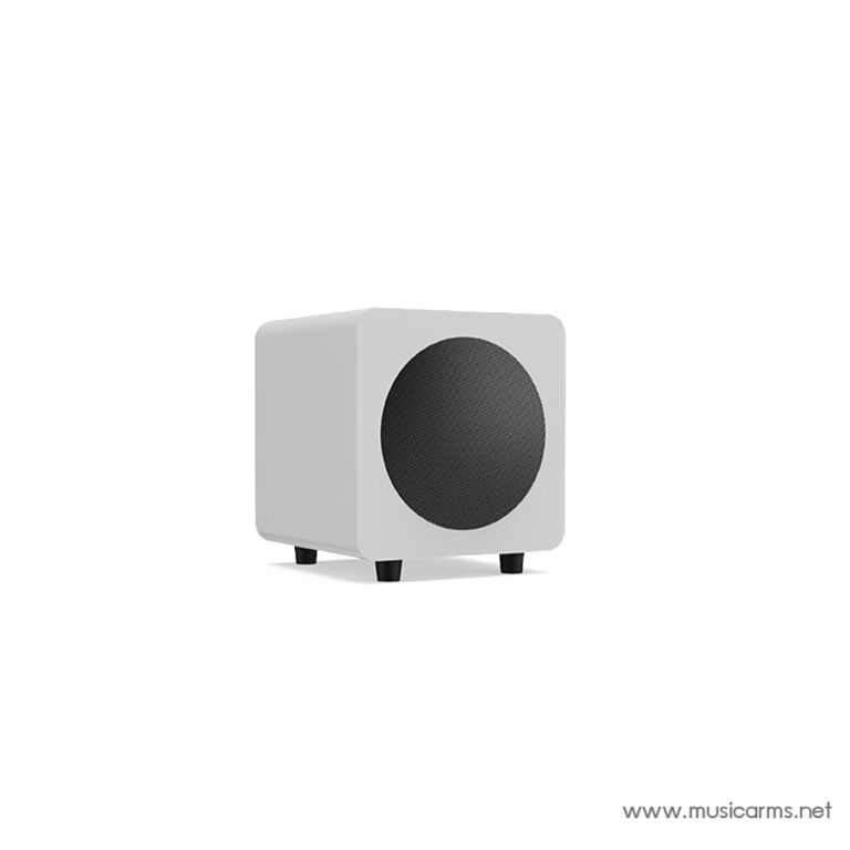 White cube-shaped speaker with a black circular grille on the front, standing on small feet (front-left view). ขายราคาพิเศษ