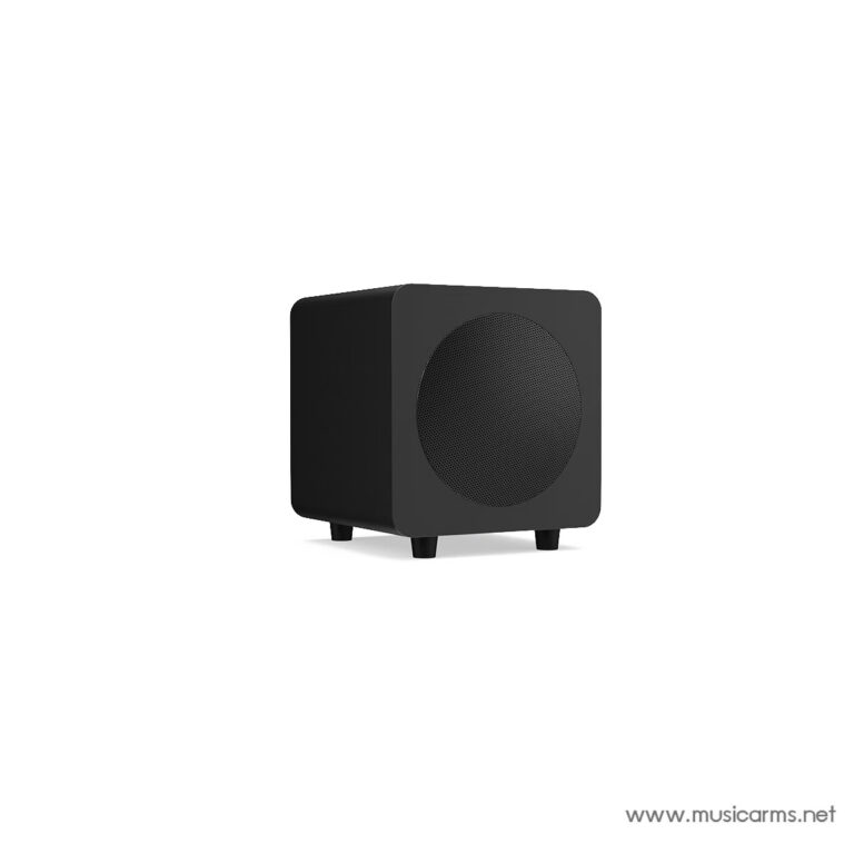 Compact black cube speaker with a circular front grille and short legs, resting on a white surface (watermark: www.musicarms.net). ขายราคาพิเศษ