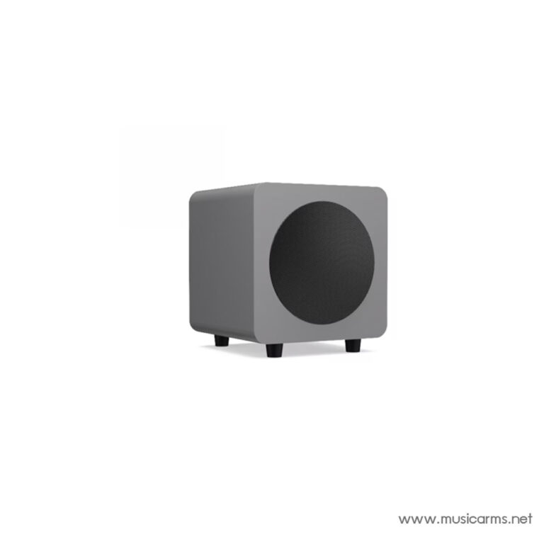 Gray cube-shaped speaker/subwoofer with a black circular front grille and small feet on a white background. ขายราคาพิเศษ