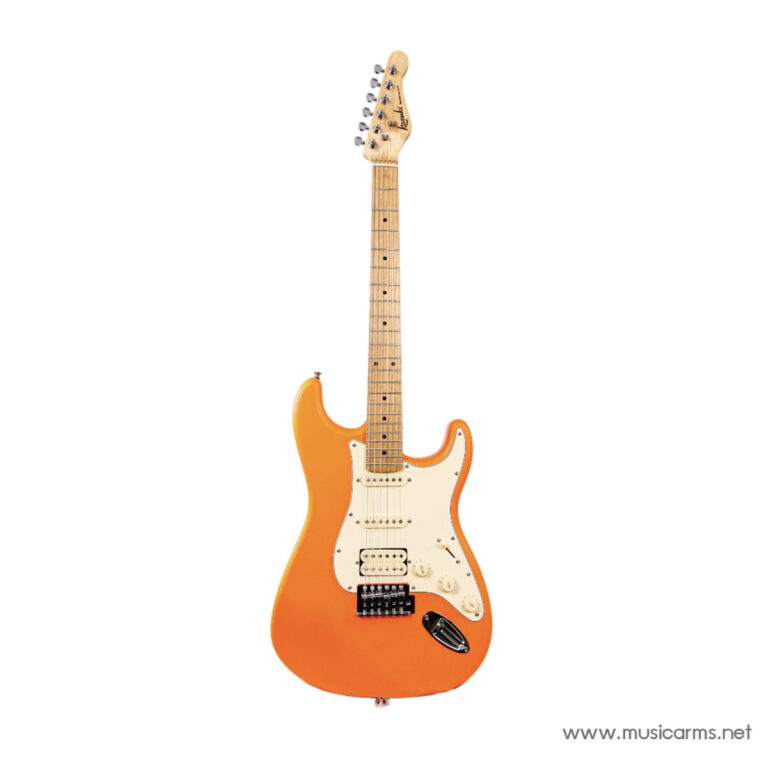 Orange Fender-style electric guitar with maple neck, white pickguard, and three pickups on a white background (product image) ขายราคาพิเศษ