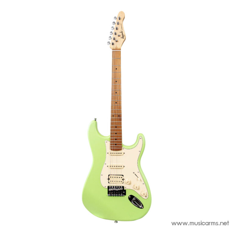 Lime-green Fender Stratocaster-style electric guitar with a maple neck and white pickguard ขายราคาพิเศษ