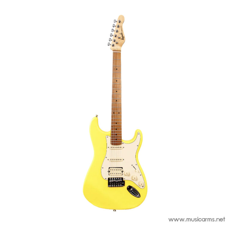 Bright yellow Fender-style electric guitar with a maple neck and white pickguard on a white background. ขายราคาพิเศษ