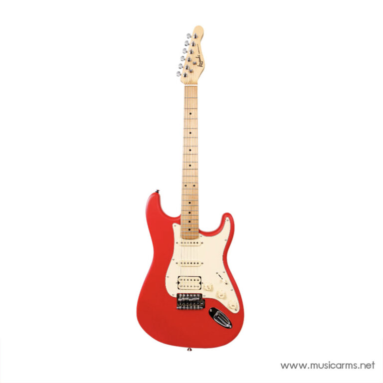 Red Fender Stratocaster electric guitar with a maple neck and white pickguard on a white background. ขายราคาพิเศษ