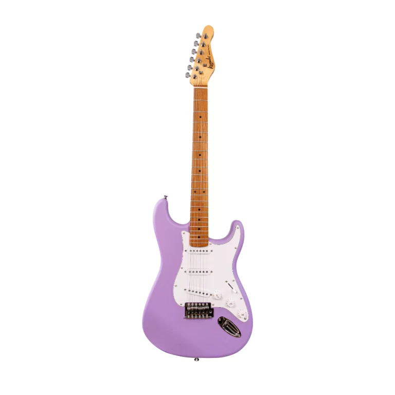 Purple Strat-style electric guitar with a maple neck and white pickguard on a white background ขายราคาพิเศษ