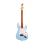 Light blue Stratocaster-style electric guitar with a maple neck and white pickguard on a white background ขายราคาพิเศษ