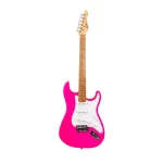 Pink electric guitar with white pickguard and maple neck on a white background. ขายราคาพิเศษ