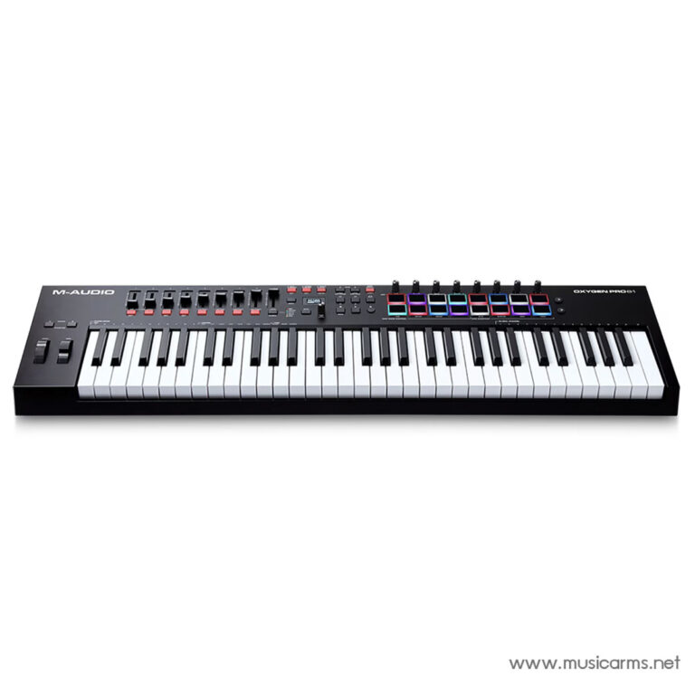 M‑Audio Oxygen Pro keyboard controller with white and black keys, colorful RGB pads, and numerous knobs on a dark chassis. ขายราคาพิเศษ