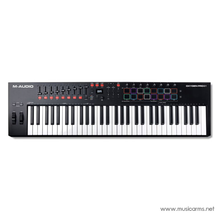 61-key MIDI keyboard controller (M-Audio Oxygen Pro 61) with performance pads, faders, and knobs on a dark panel ขายราคาพิเศษ