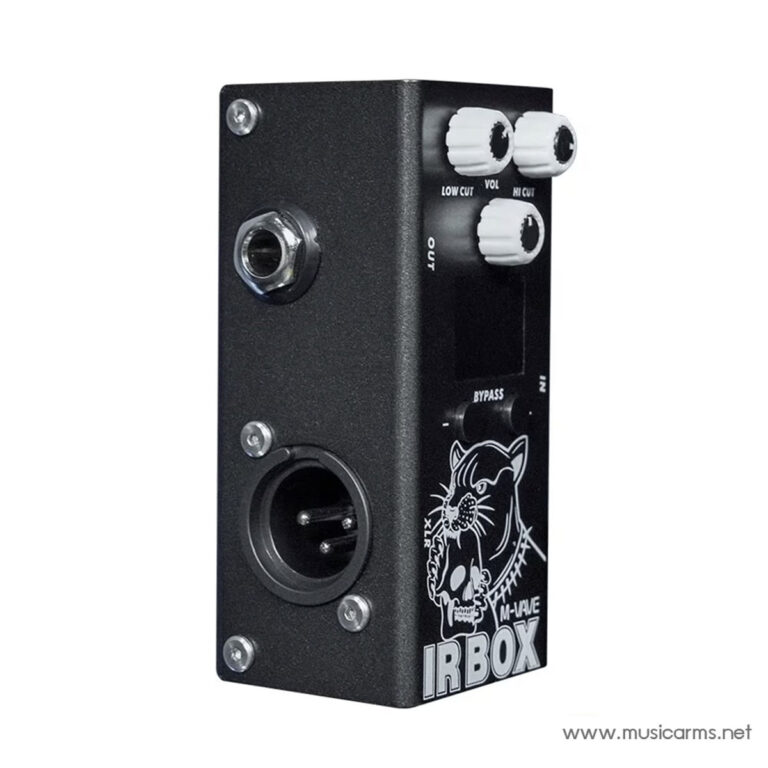 Black guitar effects pedal labeled 'IR BOX' with a skull-cat graphic, three white knobs on top, input jack on the side, and a bypass switch area visible. ขายราคาพิเศษ