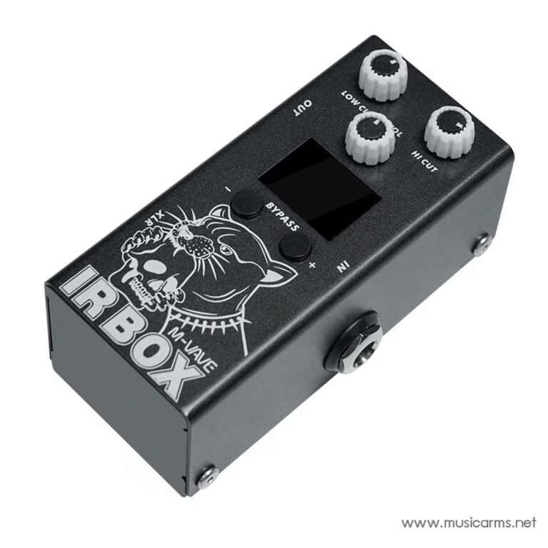 Compact guitar effects pedal labeled IR BOX with a cat graphic, three knobs (Low Cut, Hi Cut, Vol) and a small display screen, plus a bypass button. ขายราคาพิเศษ