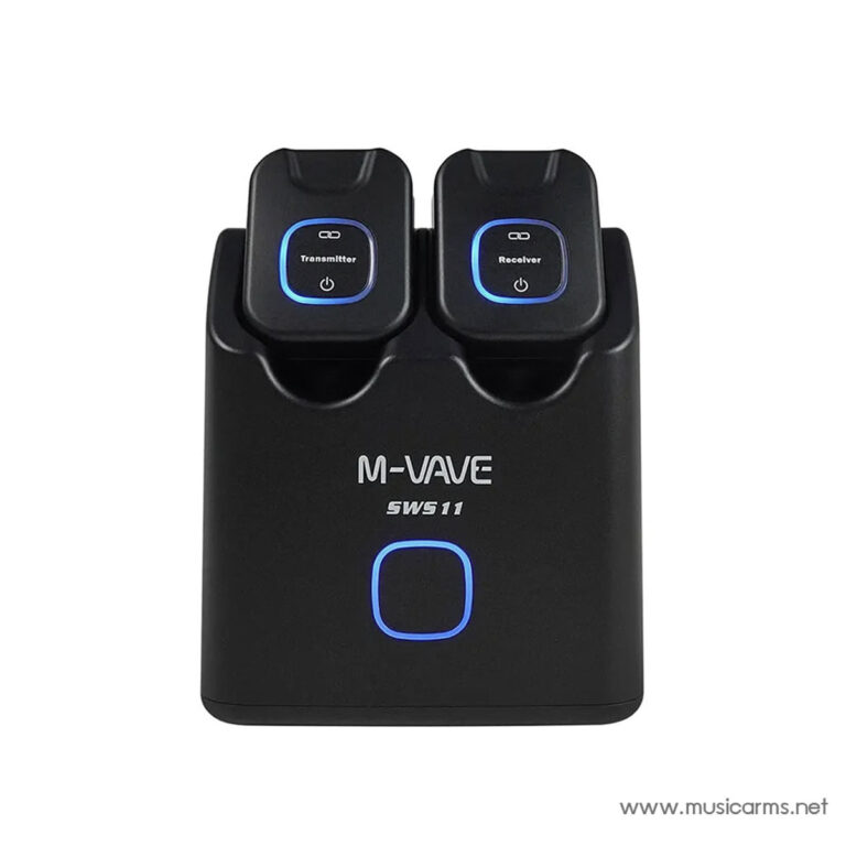 Black dual-earbud charging dock with two earbuds labeled Transmitter and Receiver, blue LED rings, and a glowing blue square button on the front (M-VAVE SWS11). ขายราคาพิเศษ
