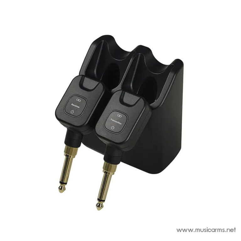 Two wireless guitar transmitters with 1/4-inch plugs resting in a dual-slot charging dock (audio receiver and transmitter labeled) ขายราคาพิเศษ
