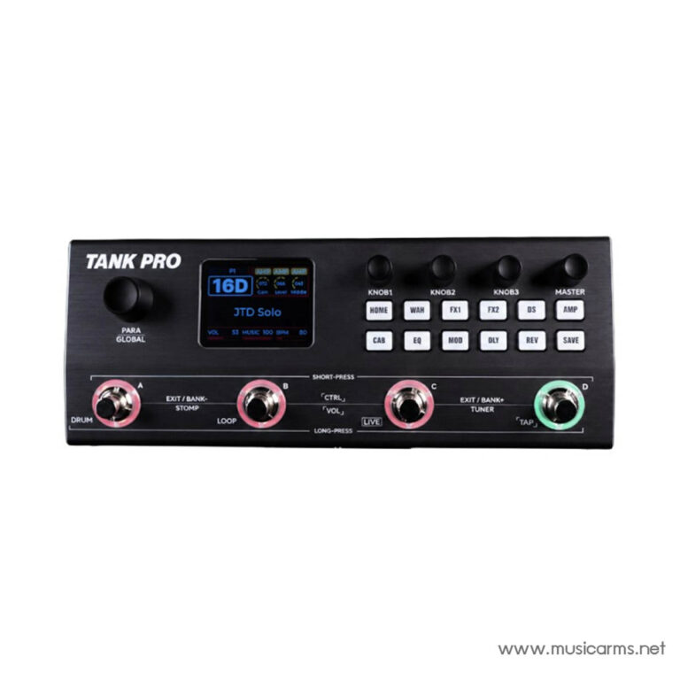 Tank Pro floor multi-effect pedal with a central blue display, four white function pads, and four colored foot knobs labeled A–D and Master, on a dark metal chassis ขายราคาพิเศษ