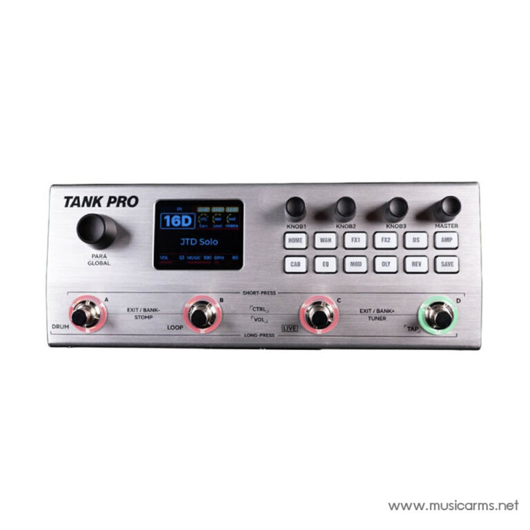 Tank Pro guitar effects processor with blue LCD screen, four top knobs, and four footswitches labeled A–D ขายราคาพิเศษ