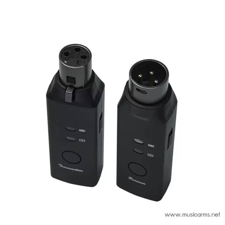 Pair of black wireless microphone transmitter units with circular multi-pin tops and front control panels. ขายราคาพิเศษ